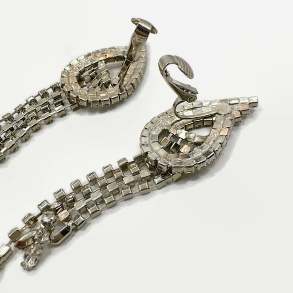 Rhinestone Earrings, Prong Set, Vintage, Sparkling, 3" Long, Clip Ons, Clear - Picture 4 of 4